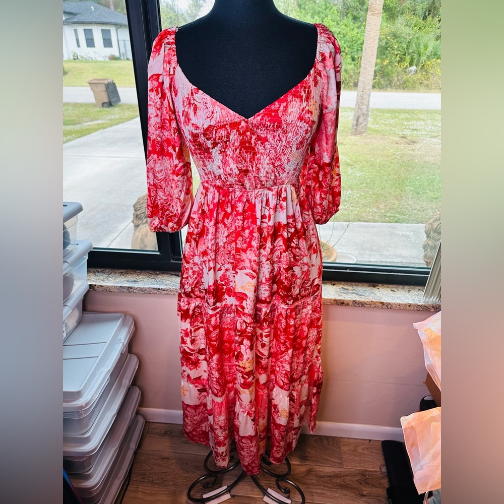 Baevely Red White Long Sleeve Smocked Tiered Boho Wedding Guest Dress SZ Med NEW